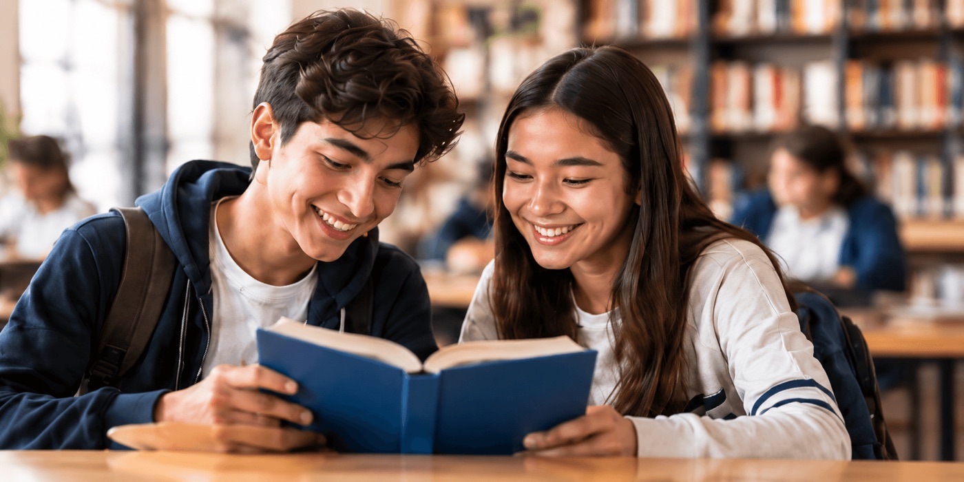 Estudiantes leyendo juntos en una biblioteca