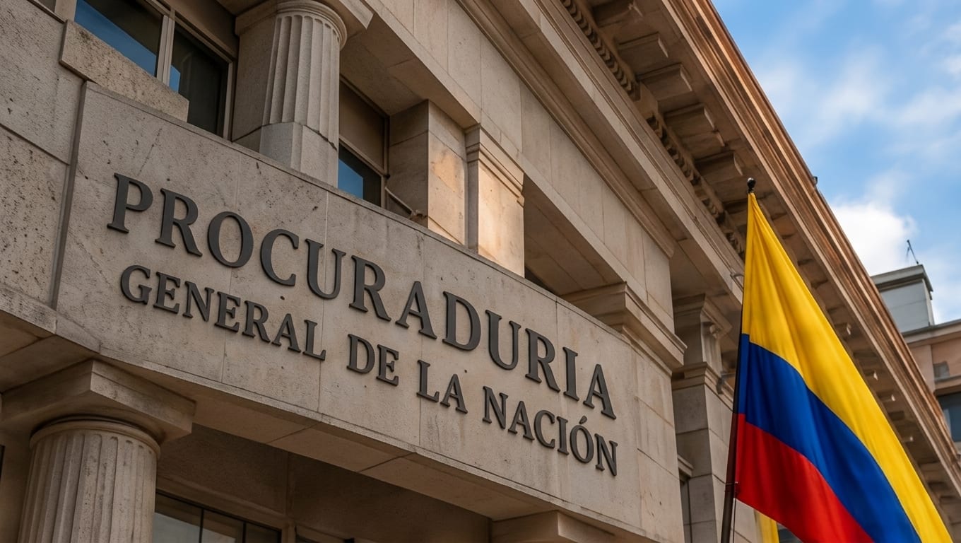 Fachada de la Procuraduría General de la Nación con el nombre de la entidad y la bandera de Colombia.